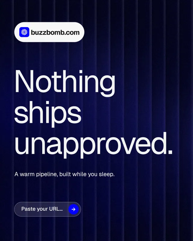 Instagram portrait post for BuzzBomb: "Nothing ships unapproved." Agentic glass style, announce layout, dark palette in blue, black, grey.