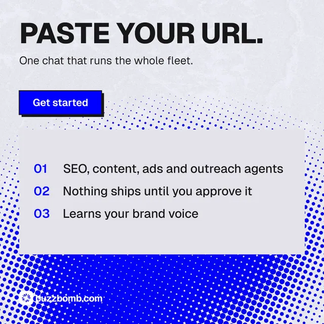 Instagram post for BuzzBomb: "Paste your URL." Brutalist style, skeleton layout, light palette in white, blue.