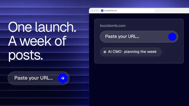Landscape graphic for BuzzBomb: "One launch. A week of posts." Agentic glass style, browser layout, dark palette in black, blue.