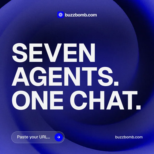 Instagram post for BuzzBomb: "Seven agents. One chat." Agentic glass style, poster layout, dark palette in blue, white.