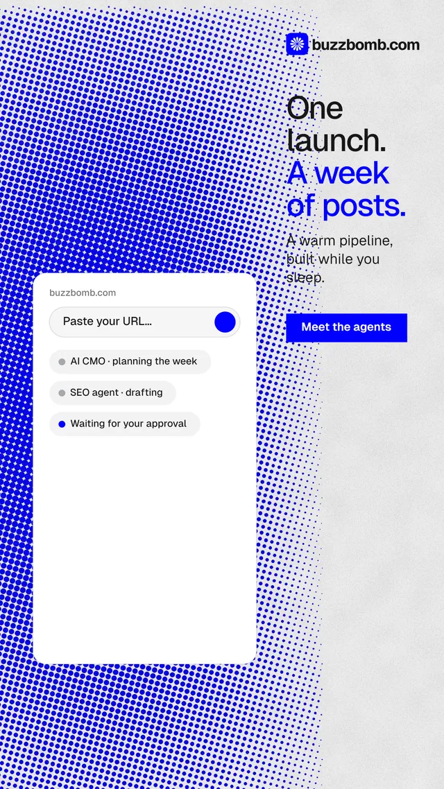 Instagram story for BuzzBomb: "One launch. A week of posts." Swiss style, skeleton layout, light palette in white, blue.