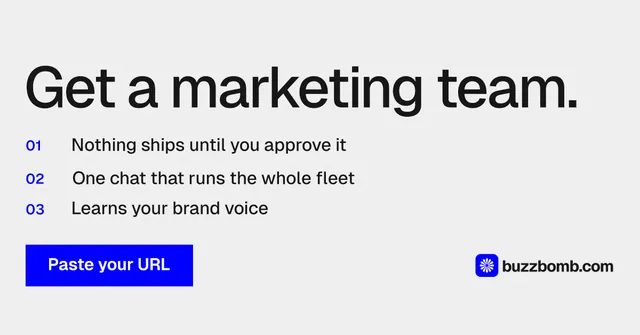 Social ad for BuzzBomb: "Get a marketing team." Swiss style, numbered layout, light palette in white, blue.