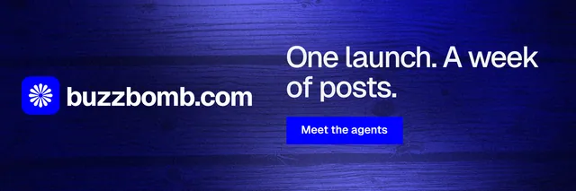 X header for BuzzBomb: "One launch. A week of posts." Swiss style, logo hero layout, dark palette in blue.