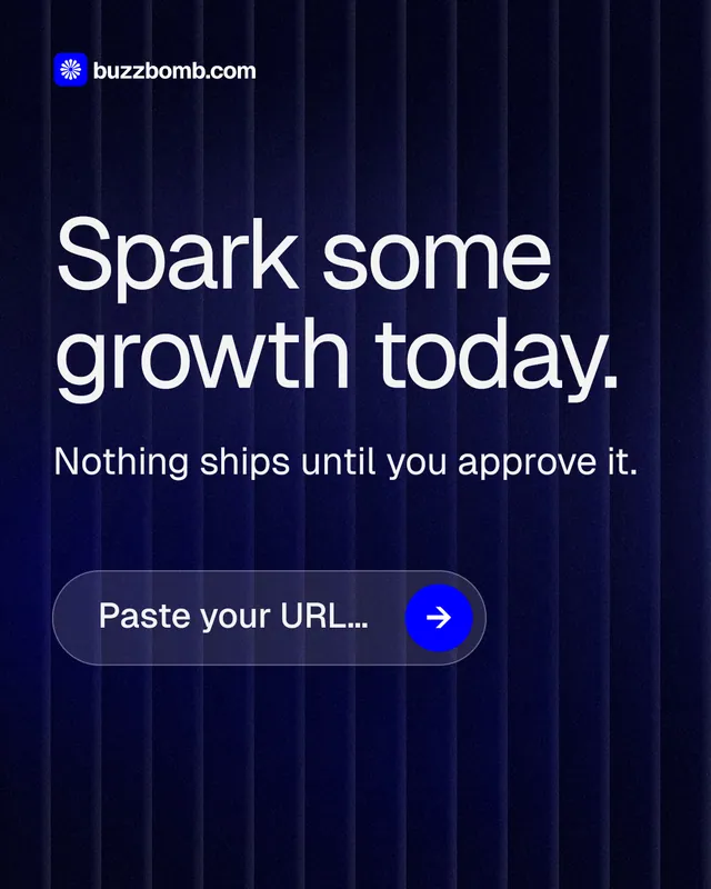 Instagram portrait post for BuzzBomb: "Spark some growth today." Agentic glass style, skeleton layout, dark palette in black, blue, grey.