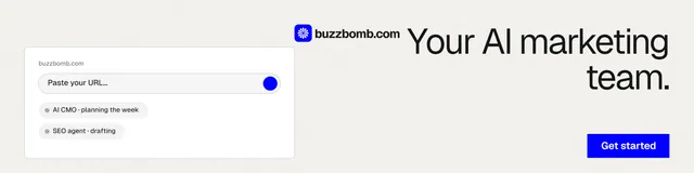 LinkedIn banner for BuzzBomb: "Your AI marketing team." Swiss style, right layout, light palette in white.