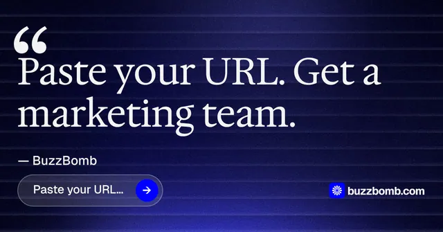 Social ad for BuzzBomb: "Get a marketing team." Agentic glass style, quote layout, dark palette in blue, black, grey.