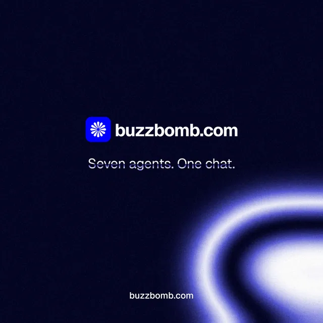 Instagram post for BuzzBomb: "Seven agents. One chat." Agentic glass style, end card layout, dark palette in black, blue.