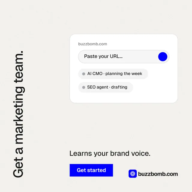 Instagram post for BuzzBomb: "Get a marketing team." Swiss style, vertical layout, light palette in white.