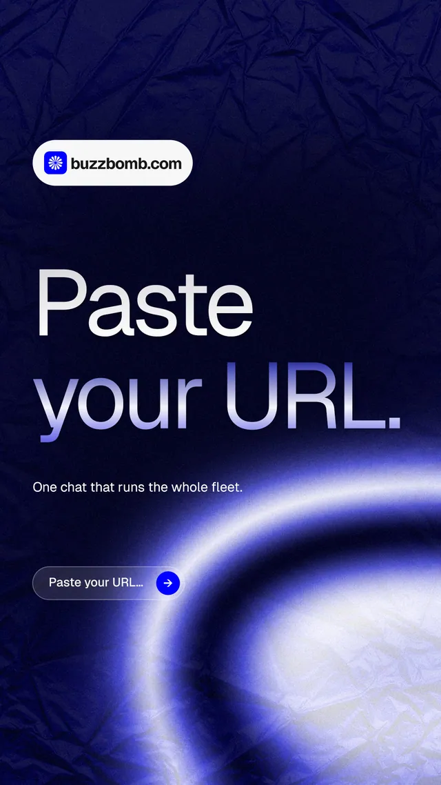 Instagram story for BuzzBomb: "Paste your URL." Agentic glass style, announce layout, dark palette in blue, black.