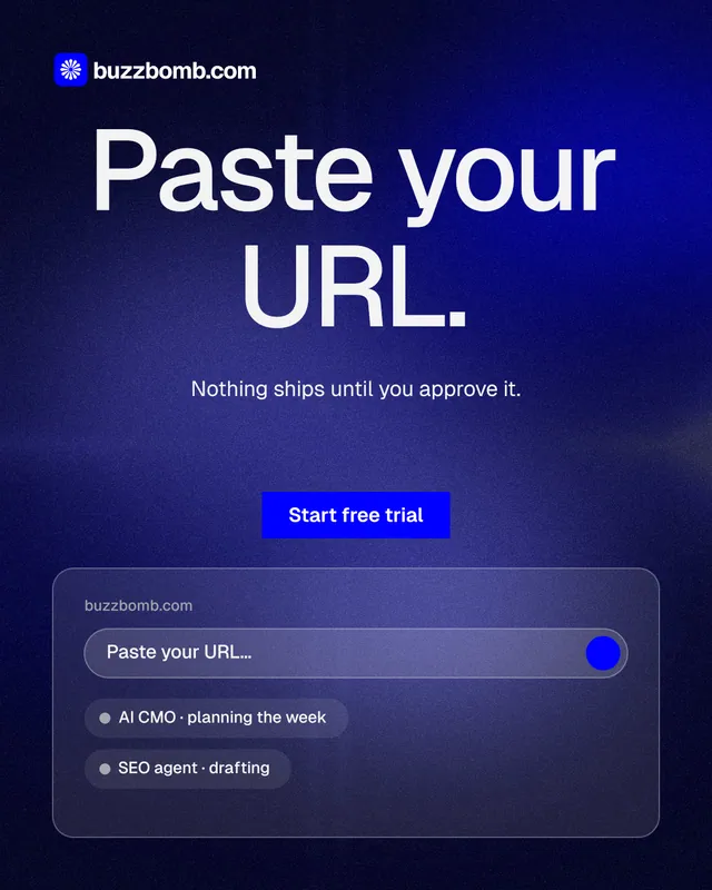 Instagram portrait post for BuzzBomb: "Paste your URL." Swiss style, centred layout, dark palette in blue, black.