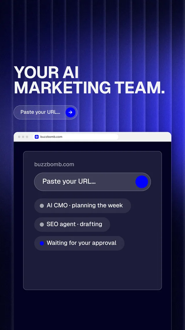 Instagram story for BuzzBomb: "Your AI marketing team." Agentic glass style, browser layout, dark palette in blue, black.