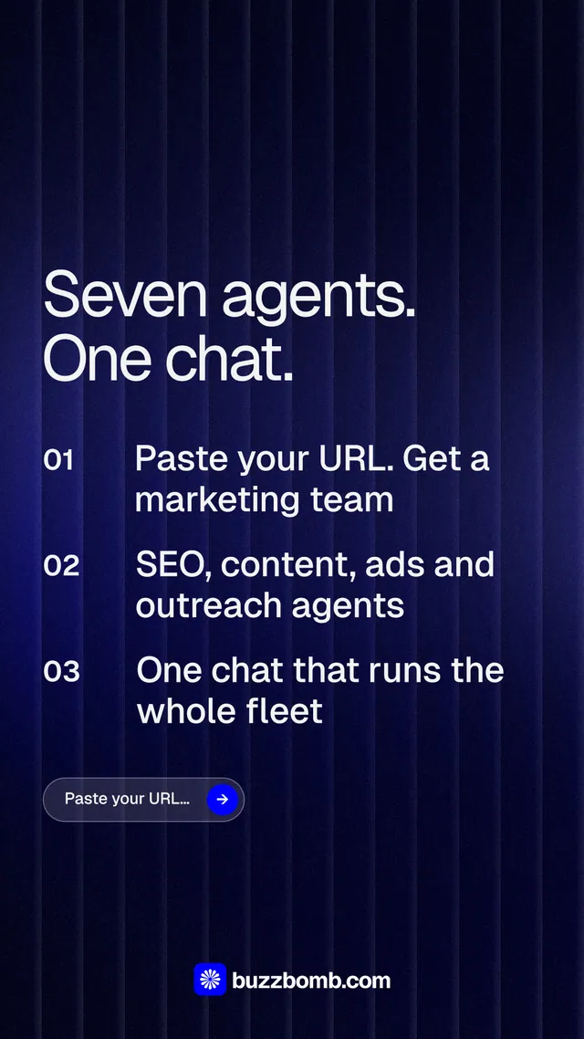 Instagram story for BuzzBomb: "Seven agents. One chat." Agentic glass style, numbered layout, dark palette in black, blue, grey.