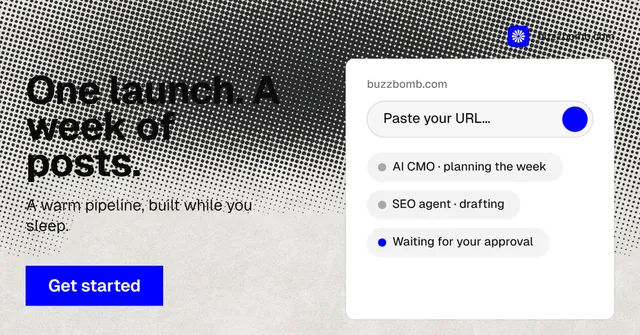 Social ad for BuzzBomb: "One launch. A week of posts." Swiss style, bottom layout, light palette in white, grey.