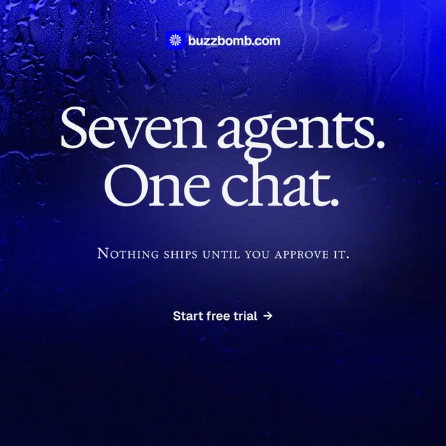 Instagram post for BuzzBomb: "Seven agents. One chat." Swiss style, smallcaps layout, dark palette in black, blue.