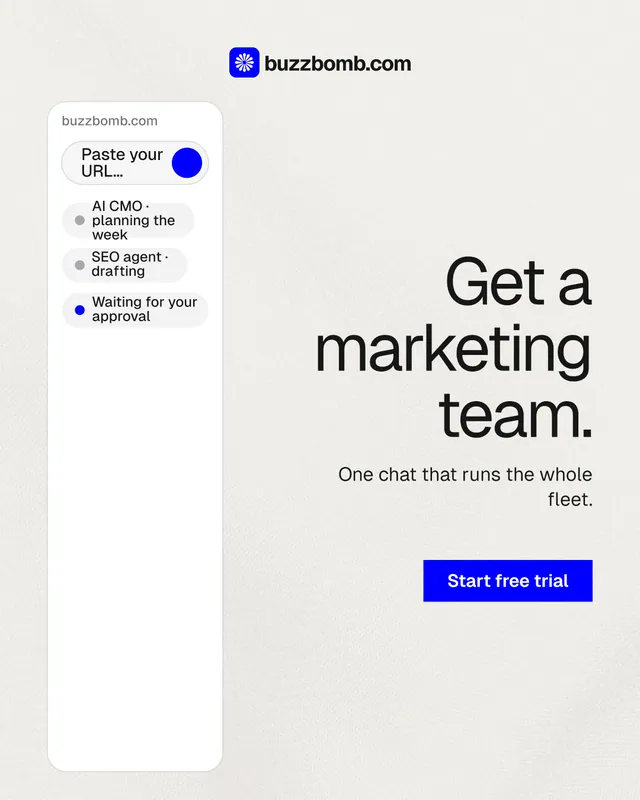 Instagram portrait post for BuzzBomb: "Get a marketing team." Swiss style, right layout, light palette in white, grey.