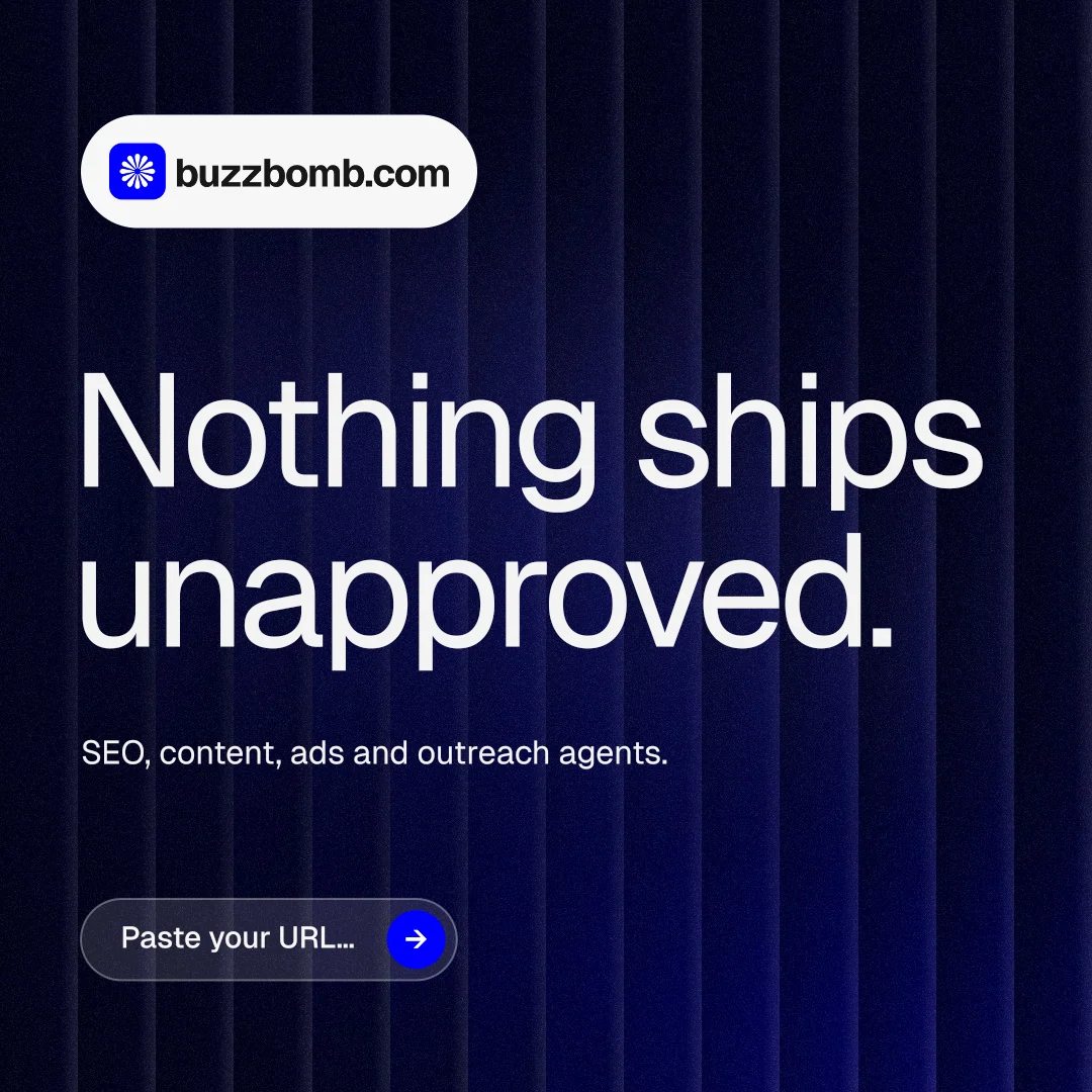 Instagram post for BuzzBomb: "Nothing ships unapproved." Agentic glass style, announce layout, dark palette in black, blue, grey.