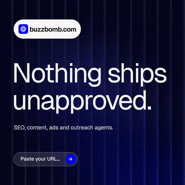 Instagram post for BuzzBomb: "Nothing ships unapproved." Agentic glass style, announce layout, dark palette in black, blue, grey.