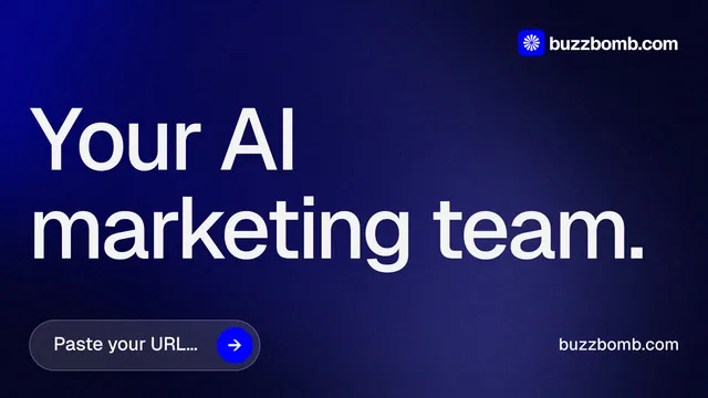 Landscape graphic for BuzzBomb: "Your AI marketing team." Agentic glass style, poster layout, dark palette in blue, black, grey.