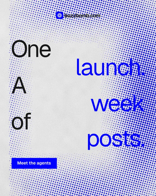 Instagram portrait post for BuzzBomb: "One launch. A week of posts." Swiss style, stacked layout, light palette in white, blue.
