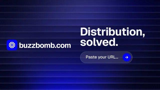 Landscape graphic for BuzzBomb: "Distribution, solved." Agentic glass style, logo hero layout, dark palette in black, blue.