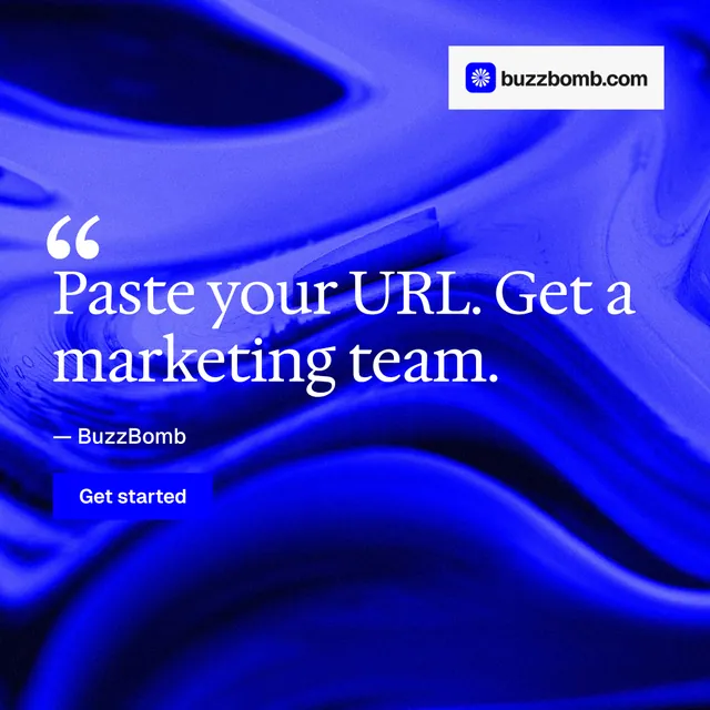Instagram post for BuzzBomb: "Your AI marketing team." Swiss style, quote layout, dark palette in blue.