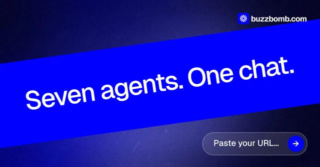Social ad for BuzzBomb: "Seven agents. One chat." Agentic glass style, diagonal layout, dark palette in blue.