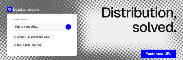X header for BuzzBomb: "Distribution, solved." Split block style, right layout, light palette in grey, white.