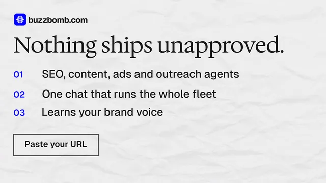 Landscape graphic for BuzzBomb: "Nothing ships unapproved." Editorial style, numbered layout, light palette in white, grey.
