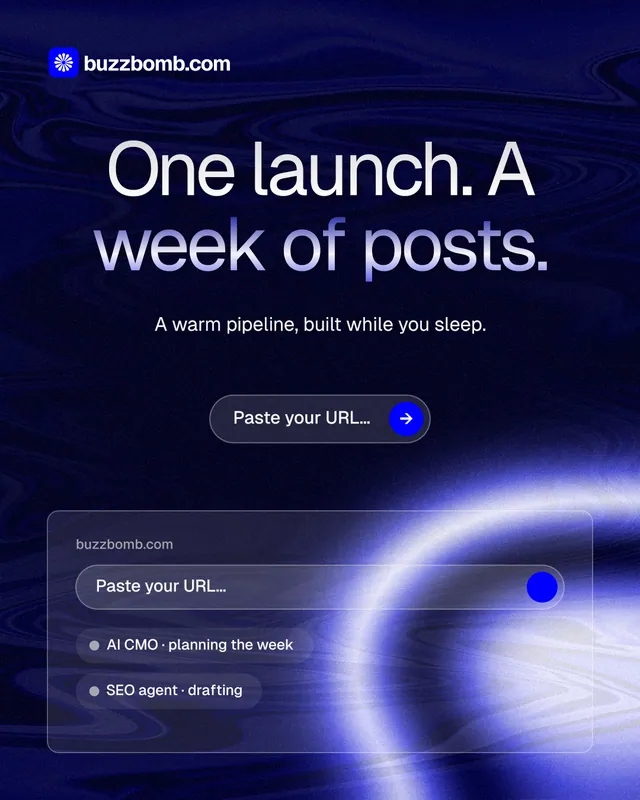 Instagram portrait post for BuzzBomb: "One launch. A week of posts." Agentic glass style, centred layout, dark palette in blue, black.