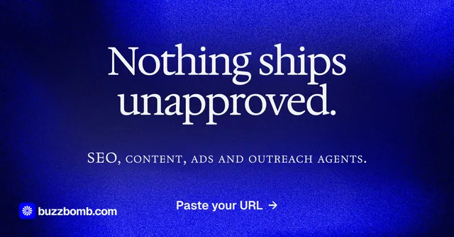 Social ad for BuzzBomb: "Nothing ships unapproved." Swiss style, smallcaps layout, dark palette in blue.