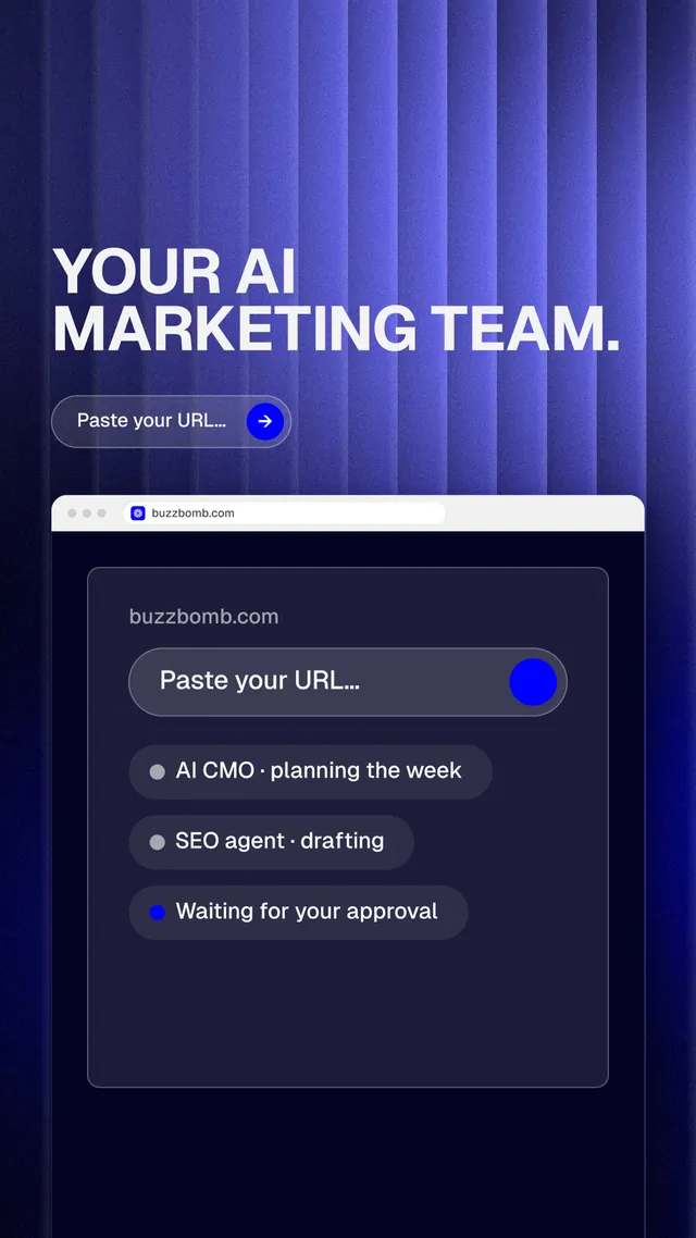 Instagram story for BuzzBomb: "Your AI marketing team." Agentic glass style, browser layout, dark palette in blue, black.