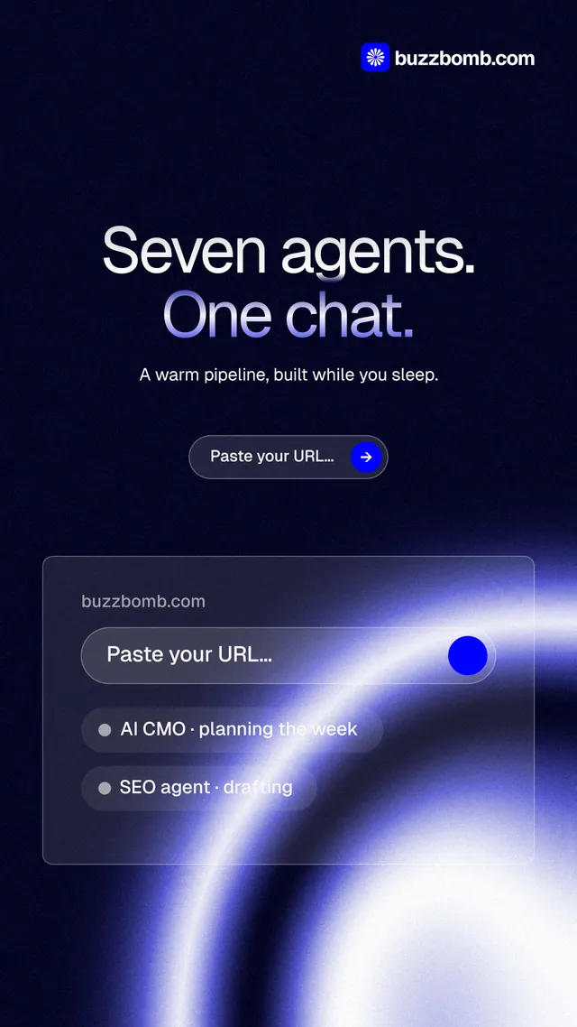 Instagram story for BuzzBomb: "Seven agents. One chat." Agentic glass style, centred layout, dark palette in black, blue.