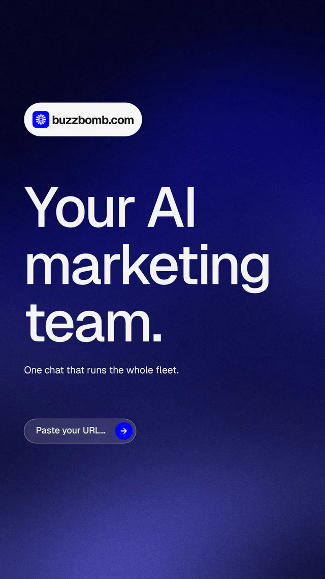 Instagram story for BuzzBomb: "Your AI marketing team." Agentic glass style, announce layout, dark palette in blue, black.