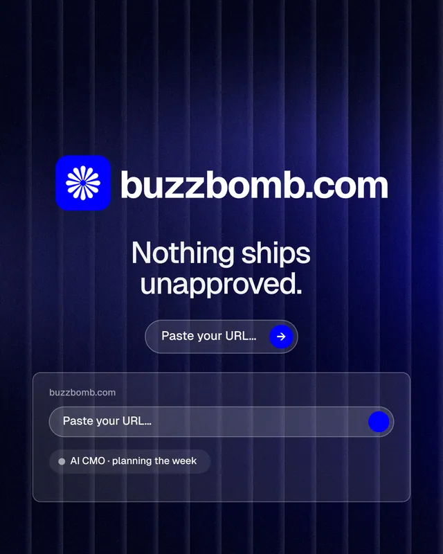 Instagram portrait post for BuzzBomb: "Nothing ships unapproved." Agentic glass style, logo hero layout, dark palette in black, blue, grey.