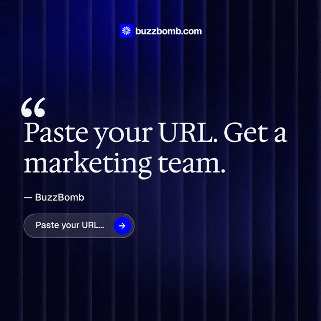 Instagram post for BuzzBomb: "Get a marketing team." Agentic glass style, quote layout, dark palette in black, blue.
