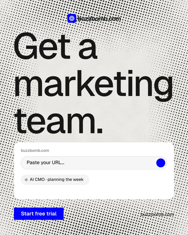 Instagram portrait post for BuzzBomb: "Get a marketing team." Swiss style, poster layout, light palette in white, grey.