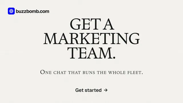 Landscape graphic for BuzzBomb: "Get a marketing team." Swiss style, smallcaps layout, light palette in white.