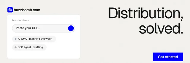 X header for BuzzBomb: "Distribution, solved." Swiss style, right layout, light palette in white, grey.