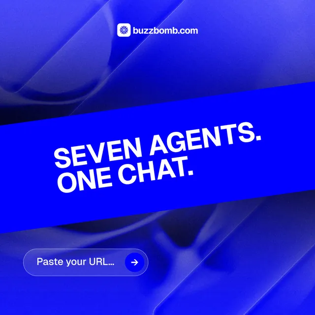 Instagram post for BuzzBomb: "Seven agents. One chat." Agentic glass style, diagonal layout, dark palette in blue.