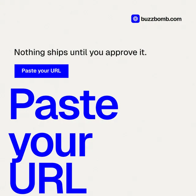 Instagram post for BuzzBomb: "Paste your URL." Swiss style, oversized layout, light palette in white, blue.