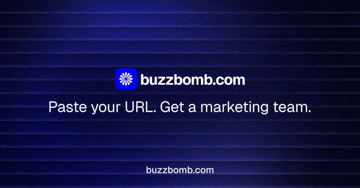 Social ad for BuzzBomb: "Distribution, solved." Agentic glass style, end card layout, dark palette in black, blue.