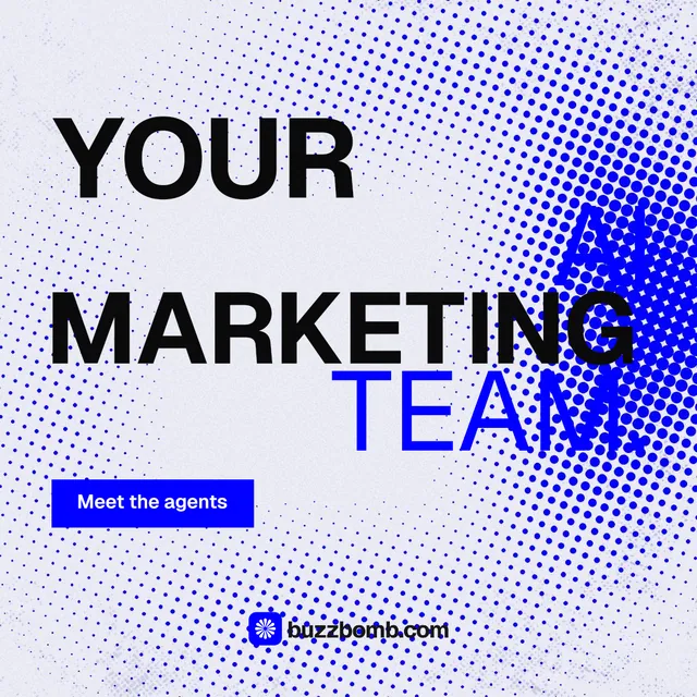 Instagram post for BuzzBomb: "Your AI marketing team." Split block style, stacked layout, light palette in blue, white.