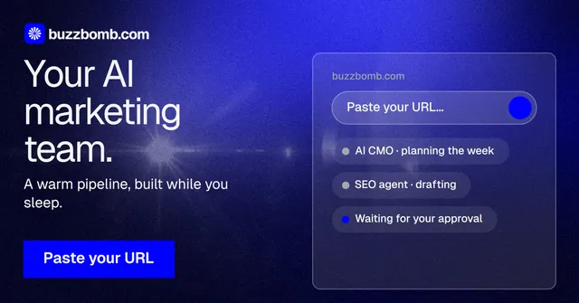 Social ad for BuzzBomb: "Your AI marketing team." Swiss style, bottom layout, dark palette in black, blue.