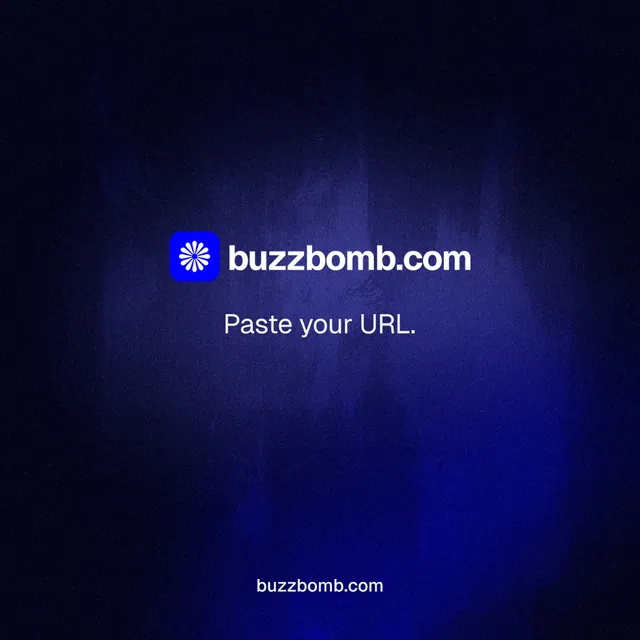 Instagram post for BuzzBomb: "Paste your URL." Agentic glass style, end card layout, dark palette in black, blue.