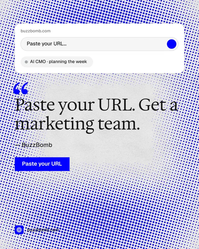 Instagram portrait post for BuzzBomb: "Get a marketing team." Swiss style, quote layout, light palette in blue, white.