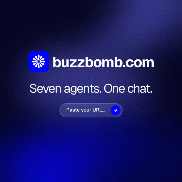 Instagram post for BuzzBomb: "Seven agents. One chat." Agentic glass style, logo hero layout, dark palette in black, blue.