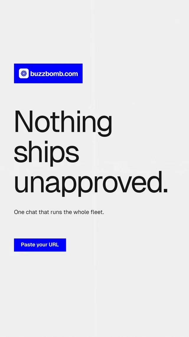 Instagram story for BuzzBomb: "Nothing ships unapproved." Swiss style, announce layout, light palette in white, blue.