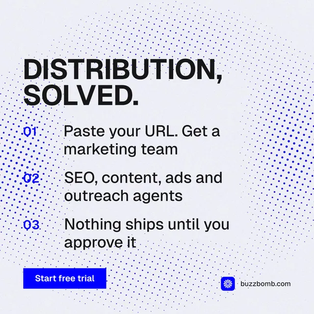 Instagram post for BuzzBomb: "Distribution, solved." Swiss style, numbered layout, light palette in white, blue.