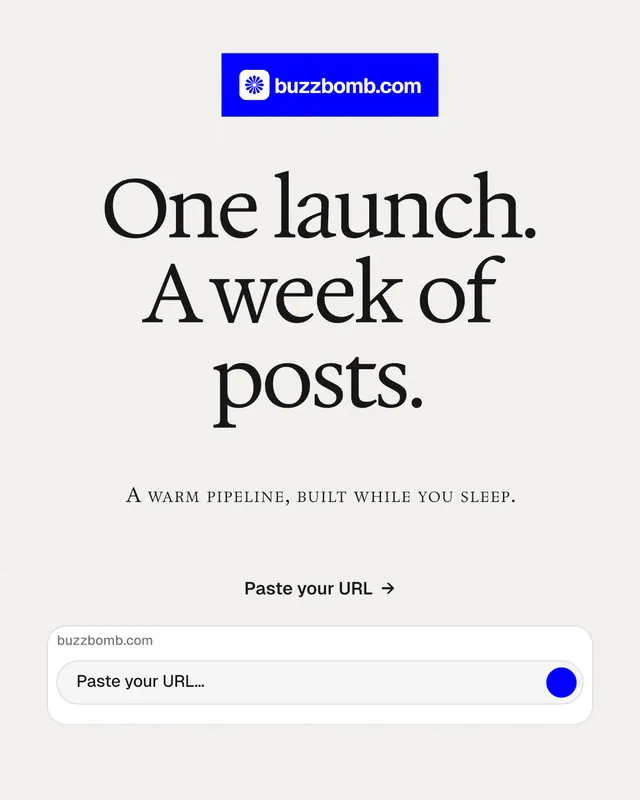 Instagram portrait post for BuzzBomb: "One launch. A week of posts." Swiss style, smallcaps layout, light palette in white.
