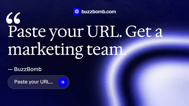 Landscape graphic for BuzzBomb: "Paste your URL." Agentic glass style, quote layout, dark palette in blue, black.